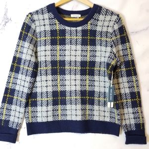COURT & ROWE Navy Crewneck Plaid Sweater, Size Small